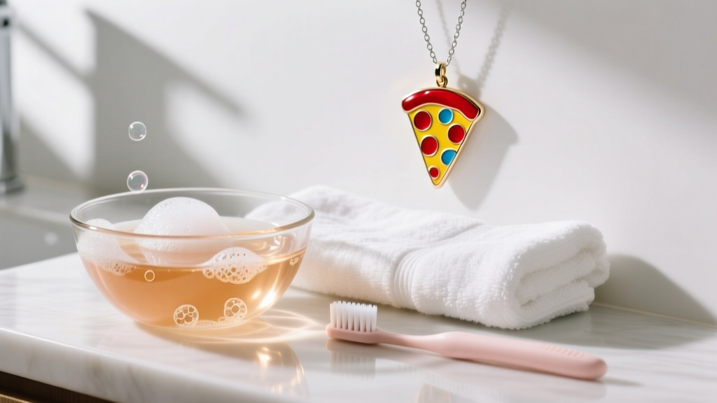 Glass bowl of warm soapy water beside a soft baby toothbrush and a colorful enamel pizza pendant resting on a clean white towel.