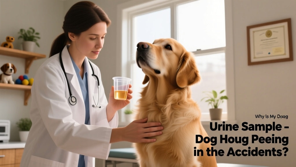Veterinarian gently examining a dog's abdomen while holding a urine sample cup