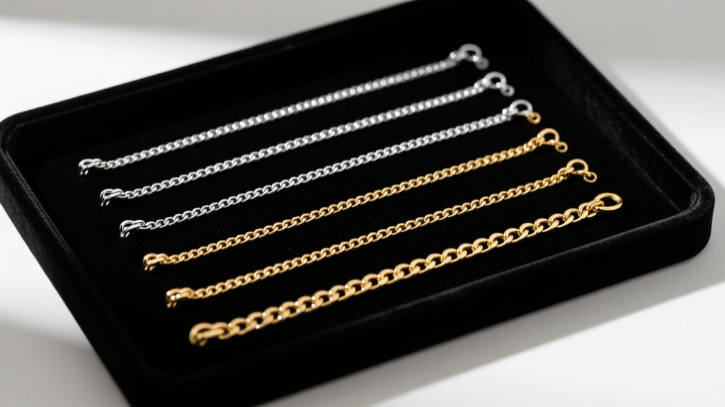 Flat lay of sterling silver and gold vermeil necklace extender chains organized by gauge thickness on a dark velvet jewelry tray.