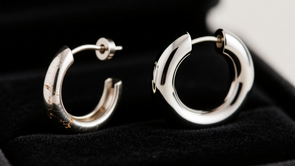 A bent 22-gauge silver hoop next to a sturdy 16-gauge titanium huggie retaining its perfect circular shape on a dark velvet pad