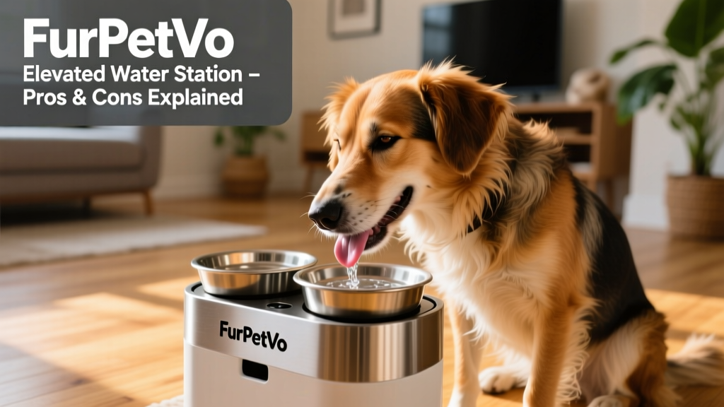 Happy mixed-breed dog drinking calmly from a FurPetVo elevated water station with dual bowls and splash guard