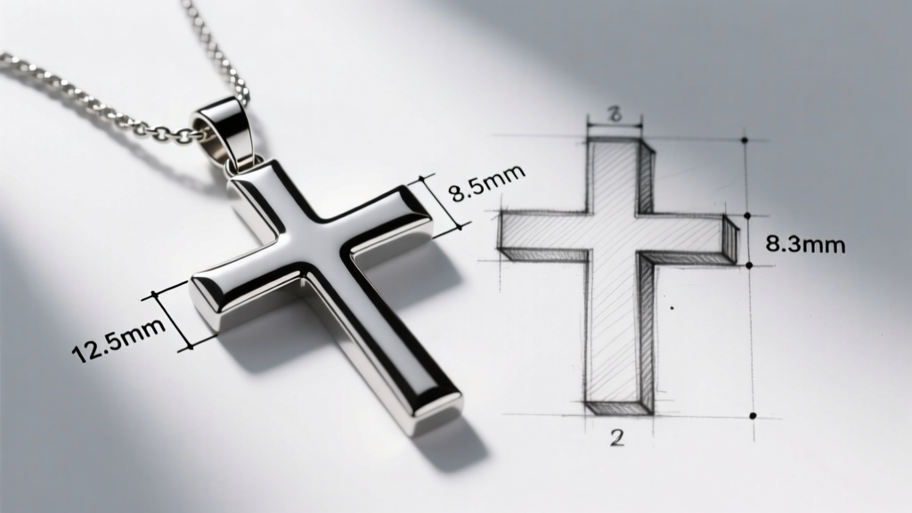 3D CAD model of a cross pendant displayed alongside the original pencil drawing with precise millimeter dimension annotations.