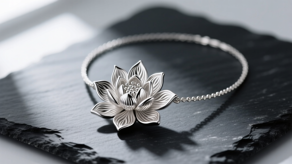 Elegant sterling silver lotus necklace resting on dark slate, highlighting the intricate petal engravings and high-polish finish