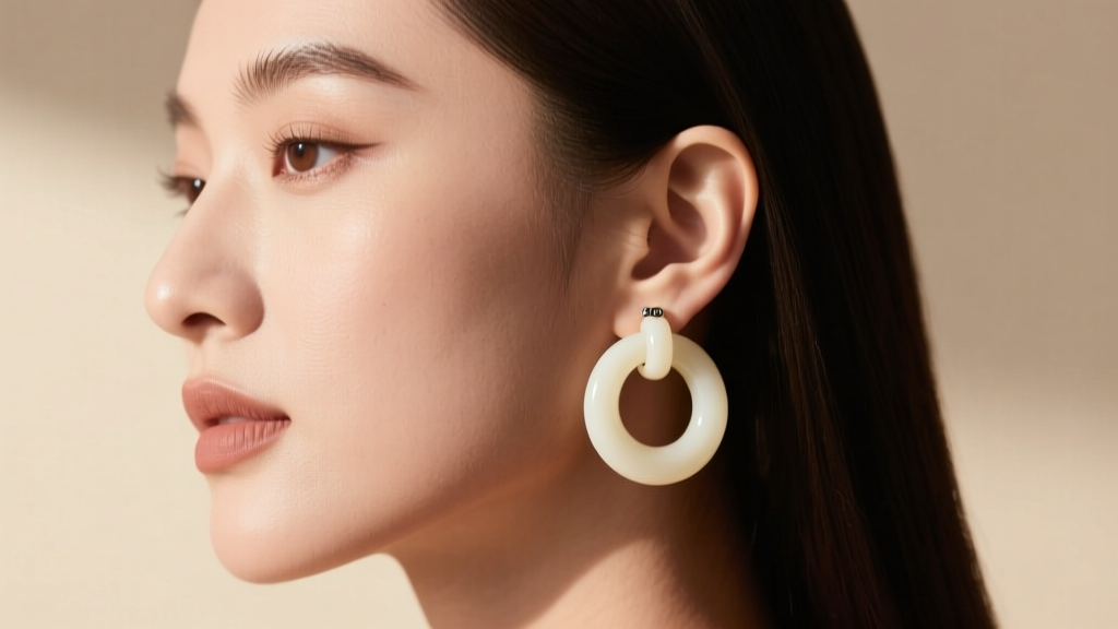 Side profile of a woman wearing 50mm synthetic ivory resin hoop earrings with seamless clicker closures against a neutral backdrop.