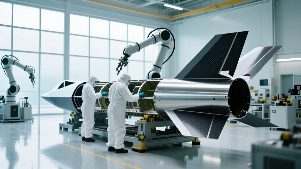Industrial aerospace fabrication facility with engineers assembling the titanium fuselage and composite fins of a cruise missile in a bright cleanroom