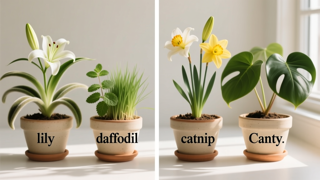 Side-by-side comparison of safe cat-friendly plants and toxic ones like lilies and daffodils