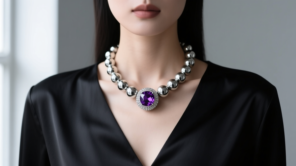 Model wearing a silver monkey ball necklace with amethyst over a black V-neck silk blouse, lit by soft natural window light.