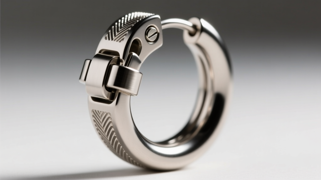 Extreme close-up of a sturdy saddleback clasp on a thick 12-gauge stainless steel hoop earring, highlighting the secure hinge pin