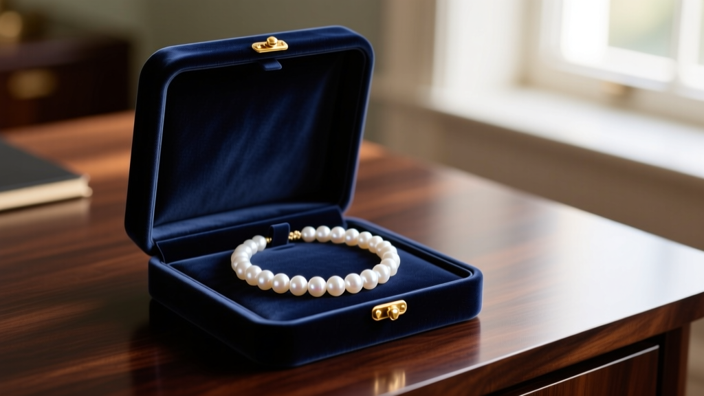Open navy velvet jewelry box displaying a luminous 7mm white Akoya pearl necklace with a 14k gold clasp on a dark mahogany desk