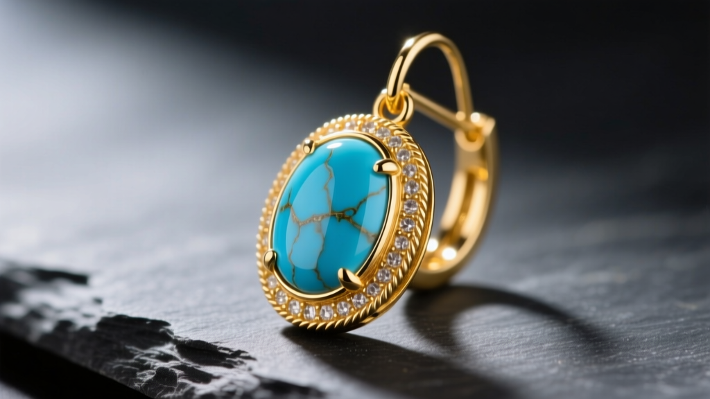 Macro shot of an 18k yellow gold Ippolita drop earring with a bezel-set, veined blue turquoise cabochon resting on dark slate.