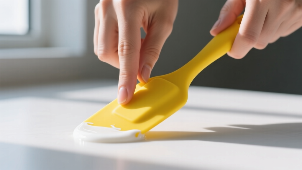 Close up of hands performing the pinch test on a bright yellow silicone spatula revealing a white streak indicating peroxide curing