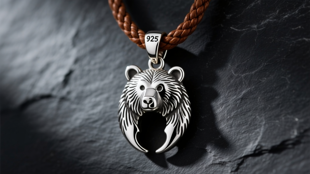 Rustic 925 sterling silver bear claw pendant hanging from a thick brown braided leather cord against a dark slate background