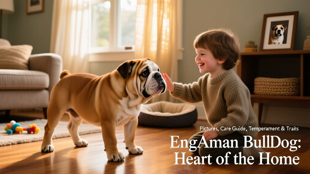 An EngAm Bulldog puppy playing gently with a child in a sunlit living room, highlighting their friendly expression and sturdy, well-proportioned frame