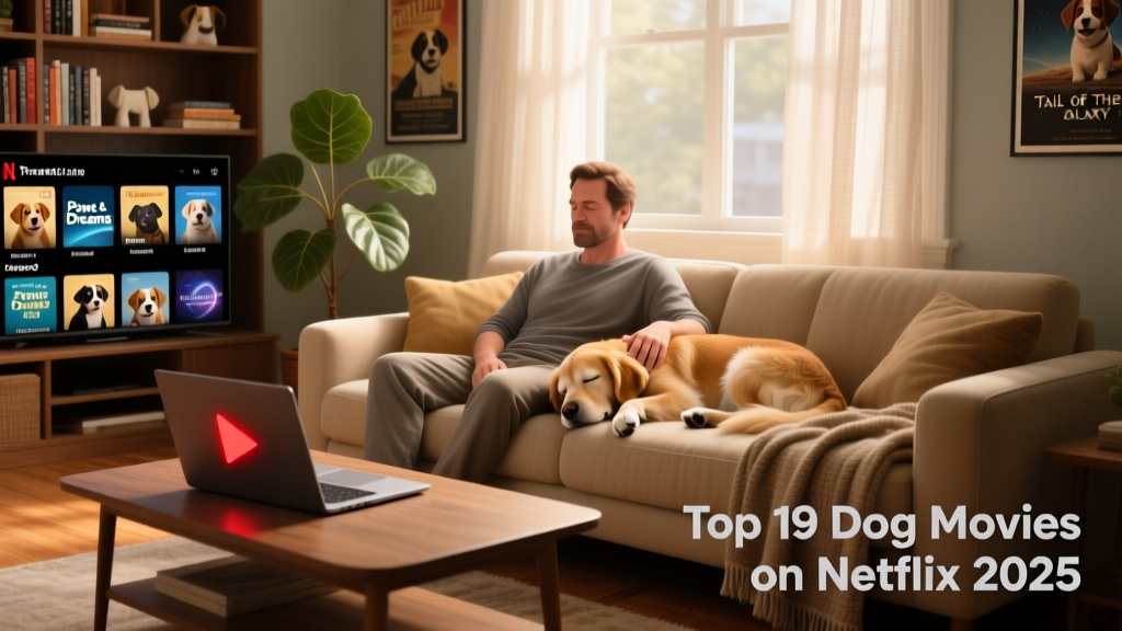 A cozy living room scene with a person, a sleeping dog on the couch, and a laptop showing the Netflix logo