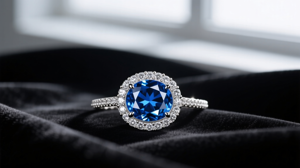 A 3-carat oval blue sapphire surrounded by a micro-pave diamond halo on a delicate platinum chain, resting on dark velvet fabric