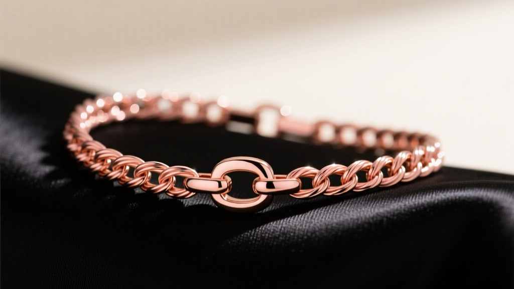 Close-up of a 14k rose gold choker on black silk, showing the pink-copper hue, delicate cable links, and a lobster clasp.