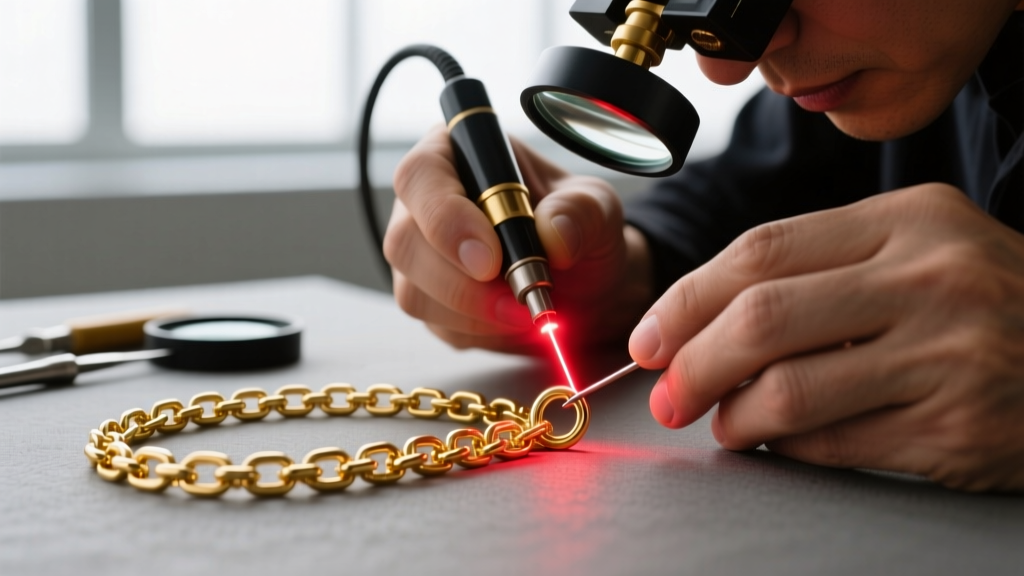 Jeweler using a laser welder to repair a snapped solder joint on a hollow 14k gold chino chain link under a magnifying loupe.