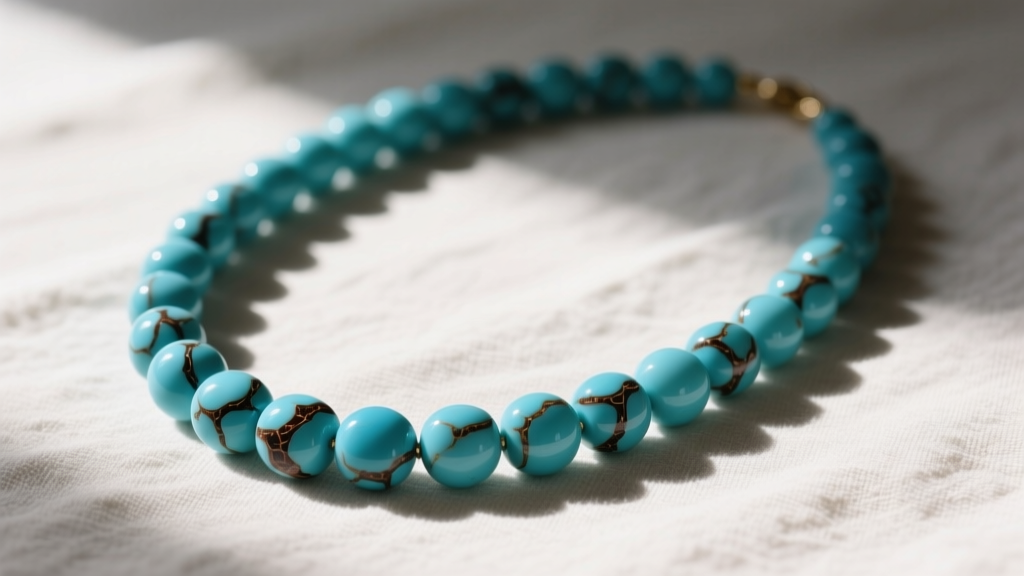 Long turquoise bead necklace on linen, showing vivid blue hues and dark brown matrix veins under soft natural lighting.