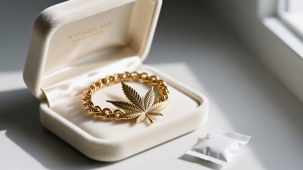Open anti-tarnish velvet pouch revealing a coiled brass marijuana leaf necklace stored beside a small white silica gel packet.
