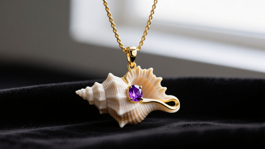 Close-up of a carved conch shell pendant with purple amethyst accents on a 14k gold rope chain, resting on dark velvet.