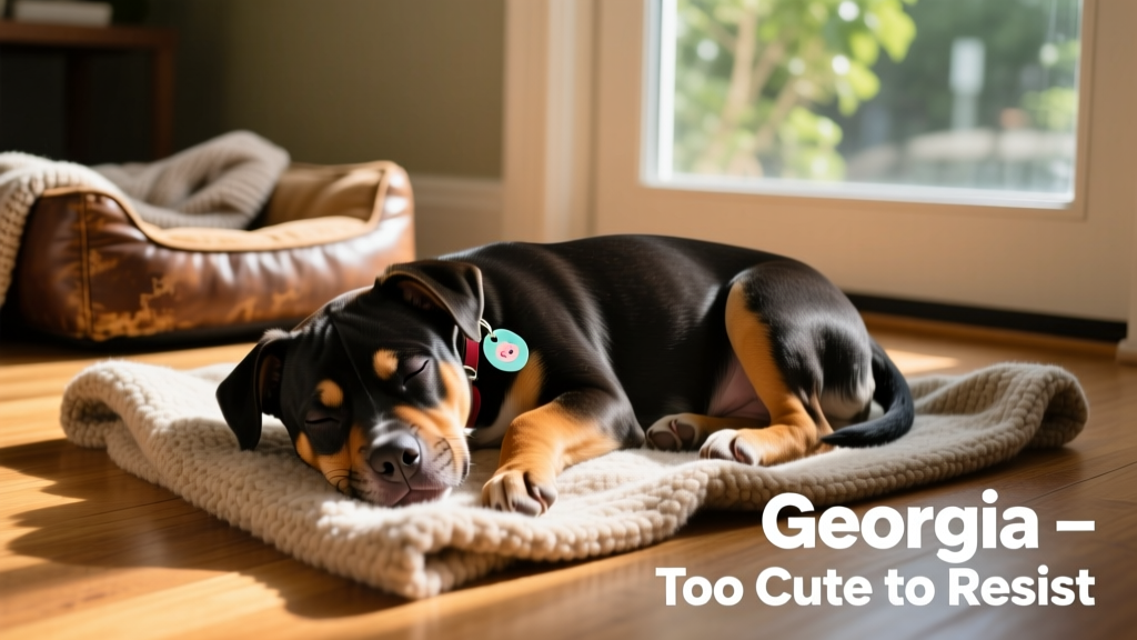 Georgia resting on a soft blanket at home, eyes half-closed, looking blissfully calm after her vet visit
