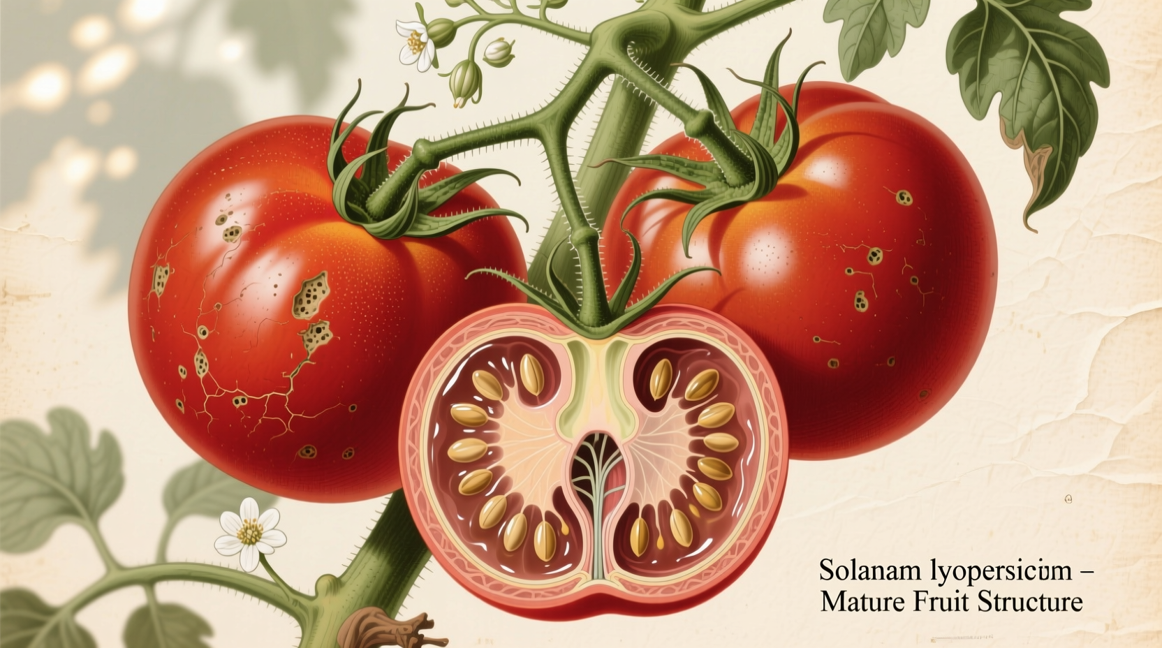 Ripe tomatoes on vine showing botanical fruit structure