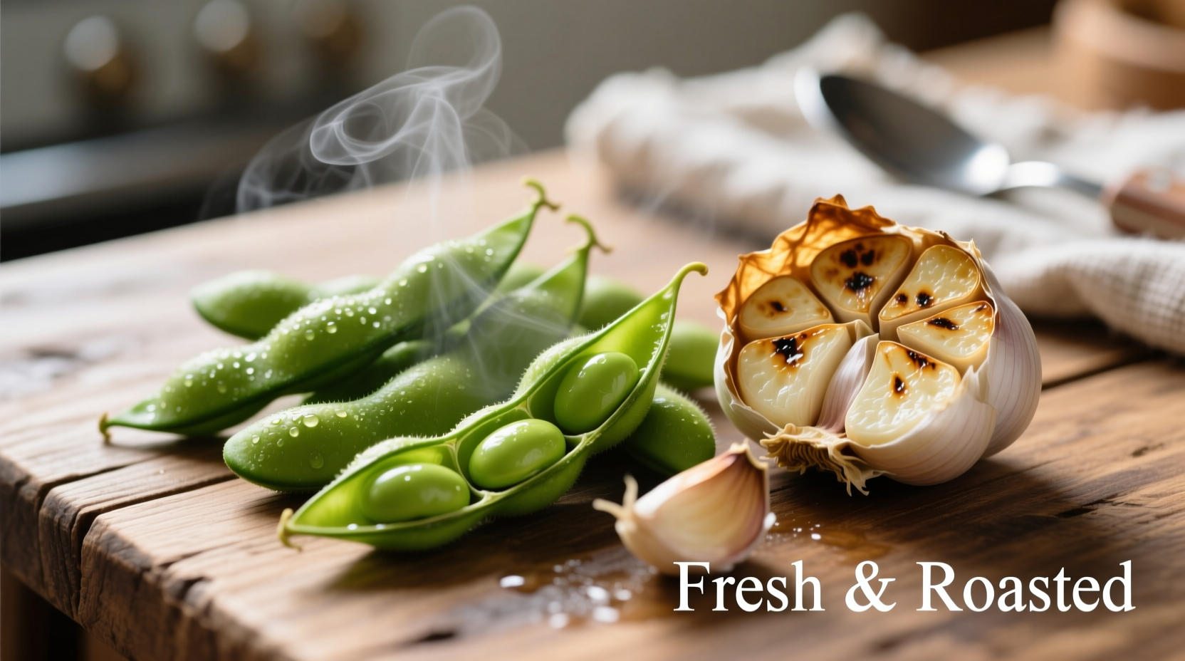 Fresh edamame pods with roasted garlic cloves