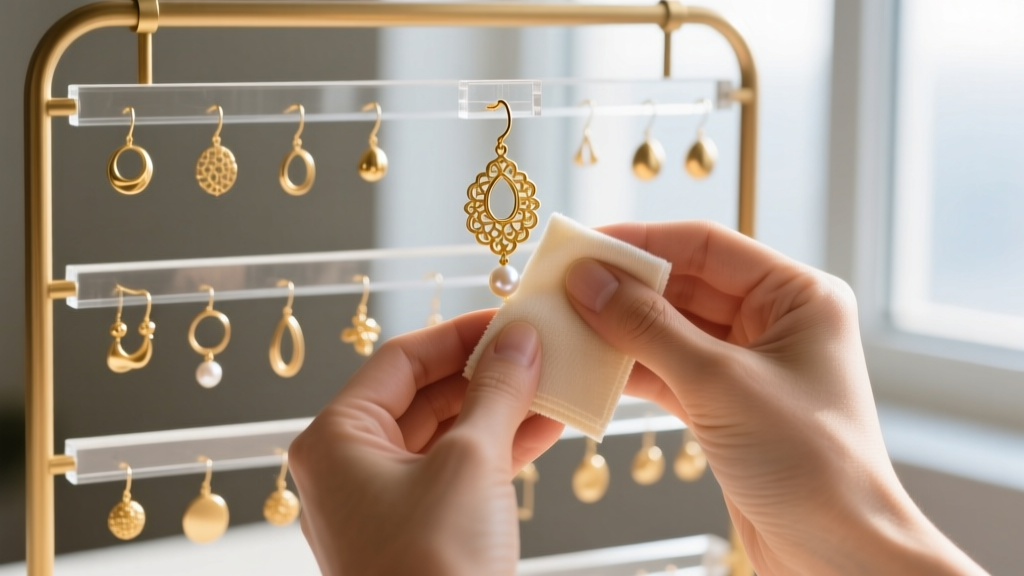 Hands cleaning a 14k gold dangle earring with a microfiber cloth before placing it on a multi-tiered hanging earring holder rack.