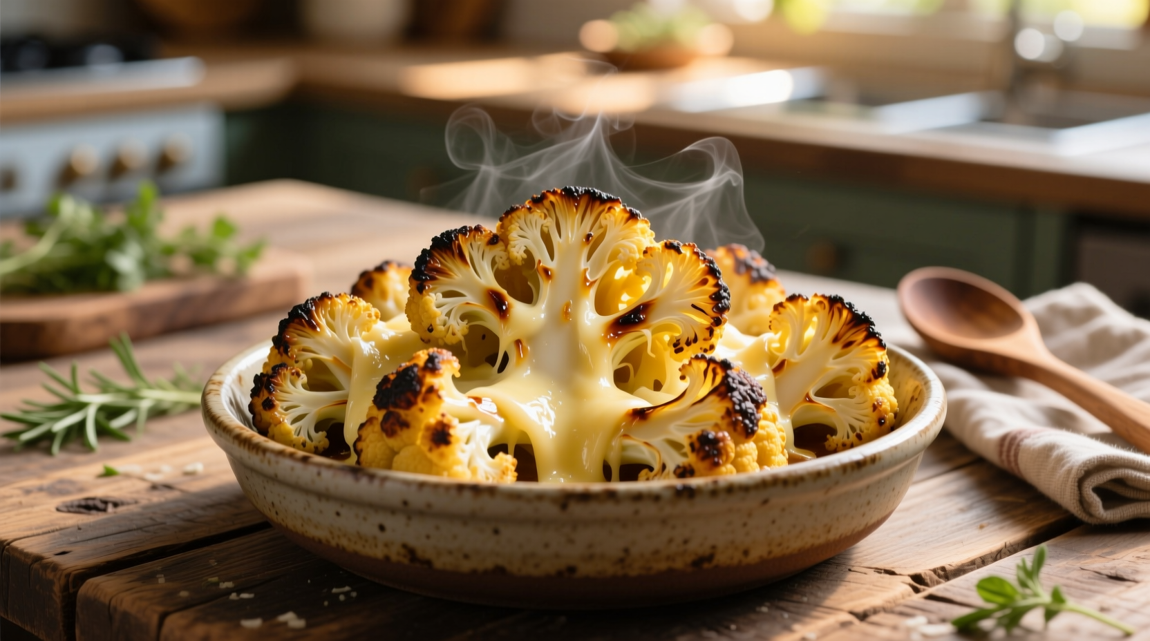 Golden roasted cauliflower florets with melted parmesan cheese