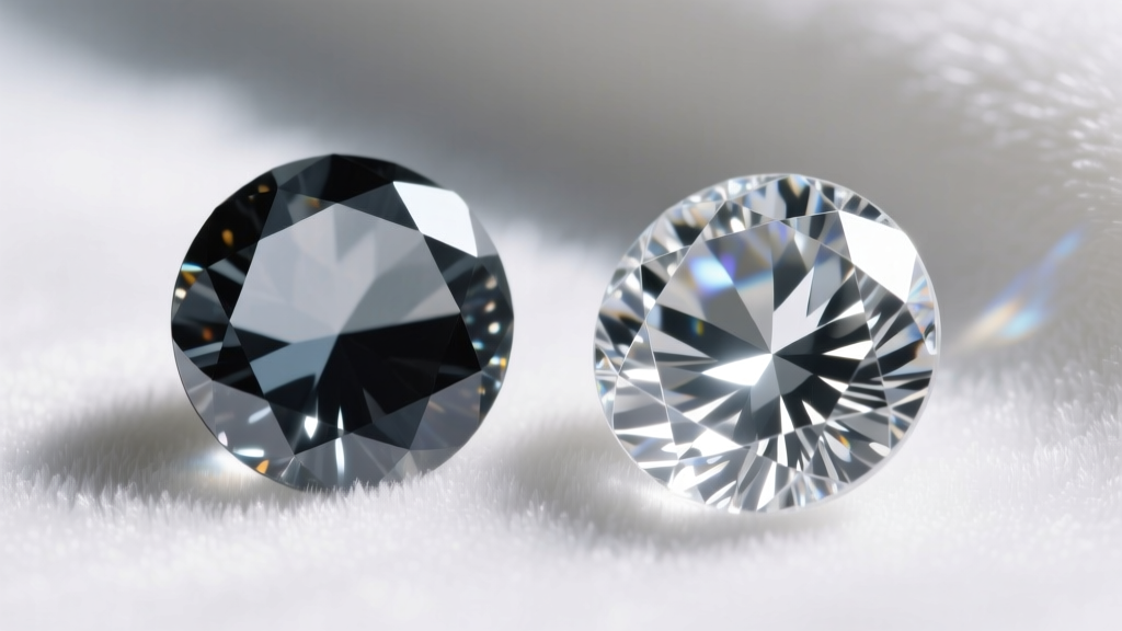 Macro view of a clouded rhinestone with blackened foil backing beside a pristine sparkling acrylic rhinestone on white velvet.