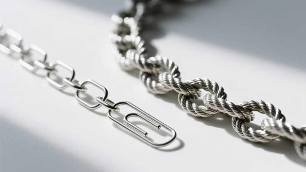 Hollow silver paperclip chain beside a solid rope chain, showing visual differences in link thickness and overall metal weight.