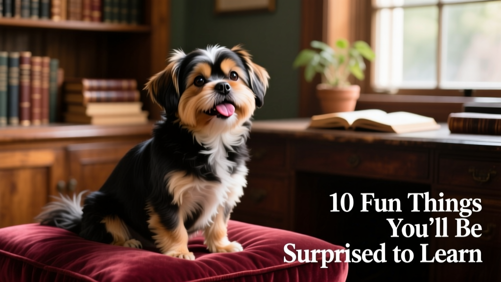 A smiling Shih Tzu sitting on a velvet cushion, head slightly tilted, with soft natural lighting