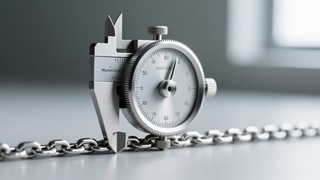 Close-up of a steel millimeter gauge wheel sliding along a flattened 2mm sterling silver figaro chain to measure link thickness