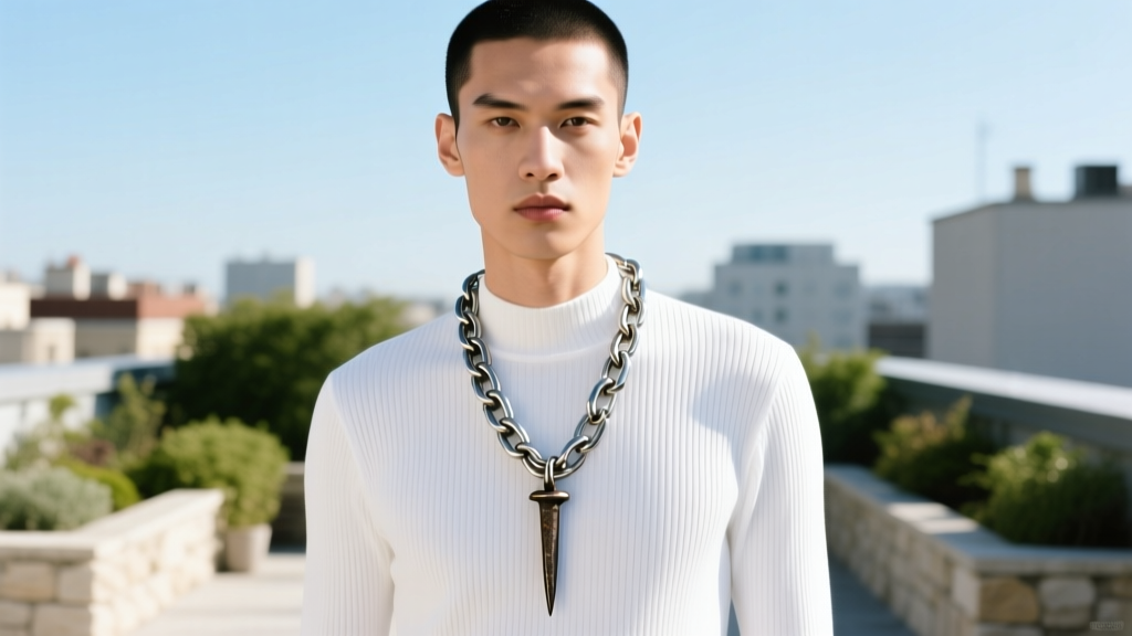 Model wearing a 20-inch heavy curb chain with an iron nail pendant over a white ribbed crewneck shirt in bright natural sunlight.