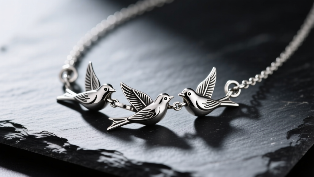 Macro shot of a sterling silver three little birds necklace on dark slate, showing laser-welded bails and oxidized feather detail.