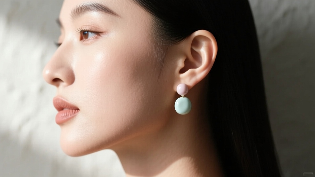 Side profile of a woman wearing light polymer clay simple beaded earrings, showing her earlobe resting comfortably without sagging.