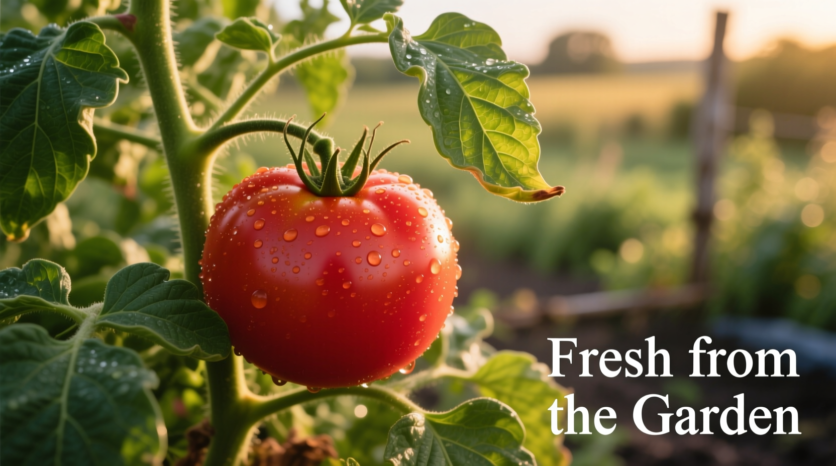 Ripe red tomato on vine with green leaves