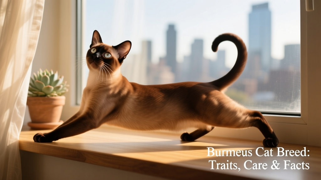 A Burmese cat stretching luxuriously on a sunlit windowsill, showcasing its muscular physique and glossy coat