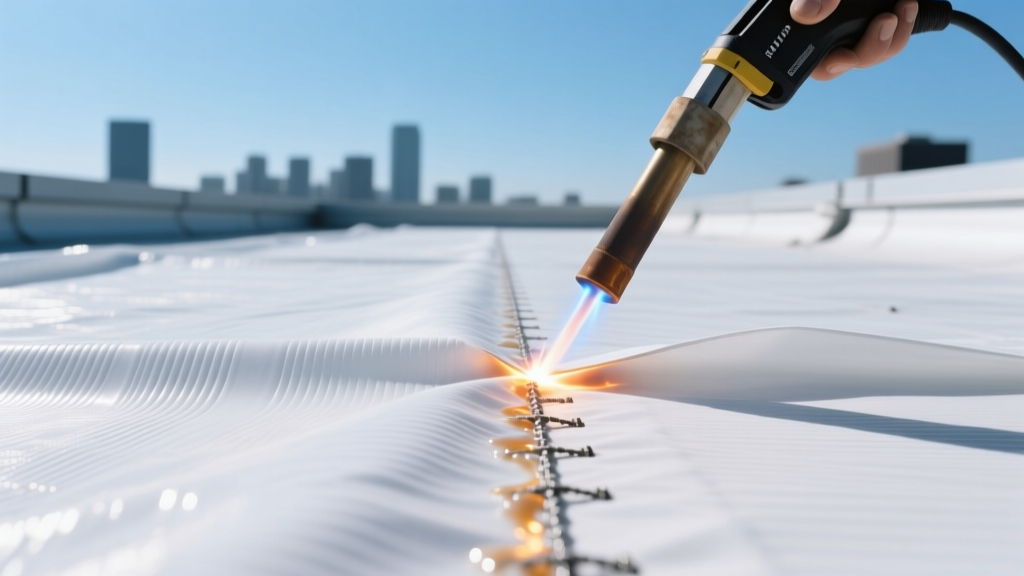 Close-up of a bright white reinforced PVC waterproof membrane being heat-welded at the seams on a commercial flat roof under clear skies
