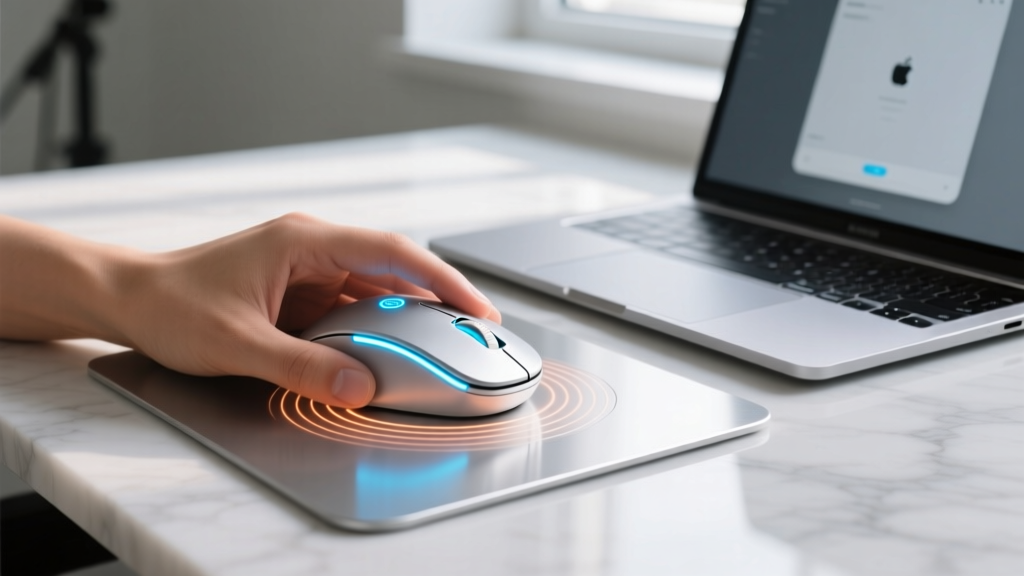 Close-up of a hand using a smart ergonomic mouse with LED biometric feedback on a heated desk mat next to an open silver laptop