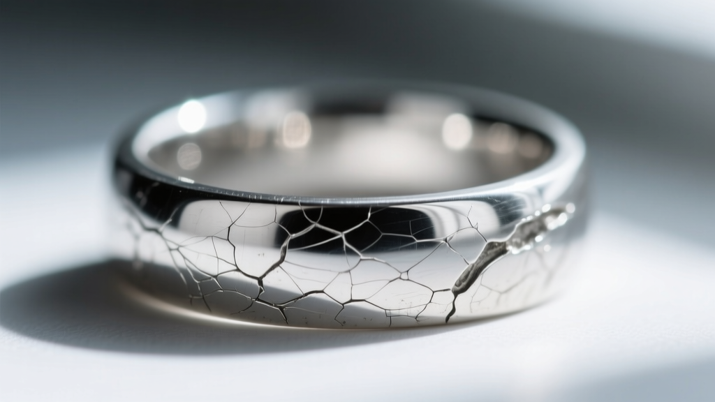Extreme macro view of worn rhodium plating on a silver ring, showing the raw silver metal exposed underneath the smooth surface.