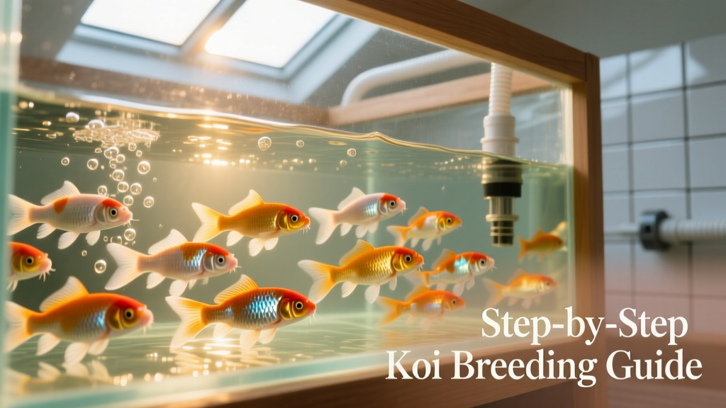 Group of young koi fry swimming together in a clear, well-aerated rearing tank