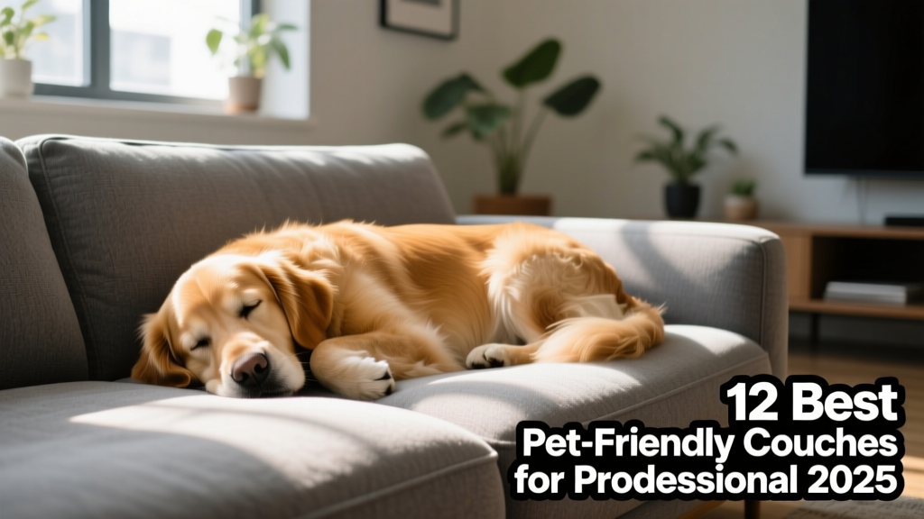 A golden retriever curled up asleep on a soft grey sofa