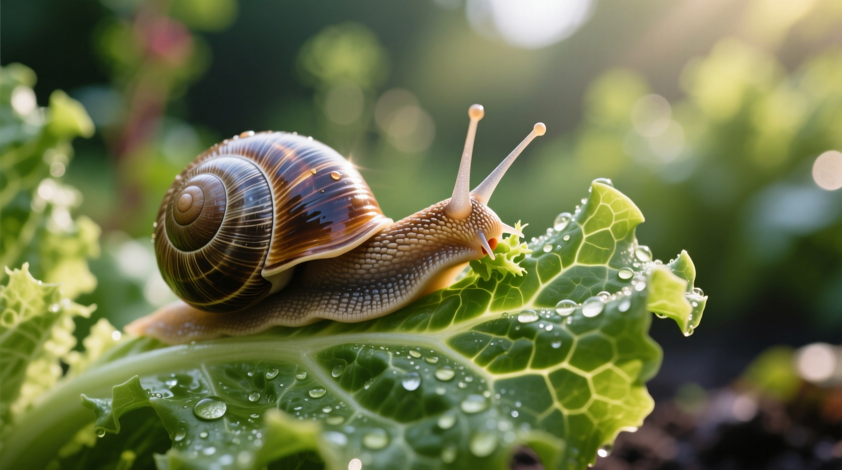 Close-up of garden snail eating leafy greens