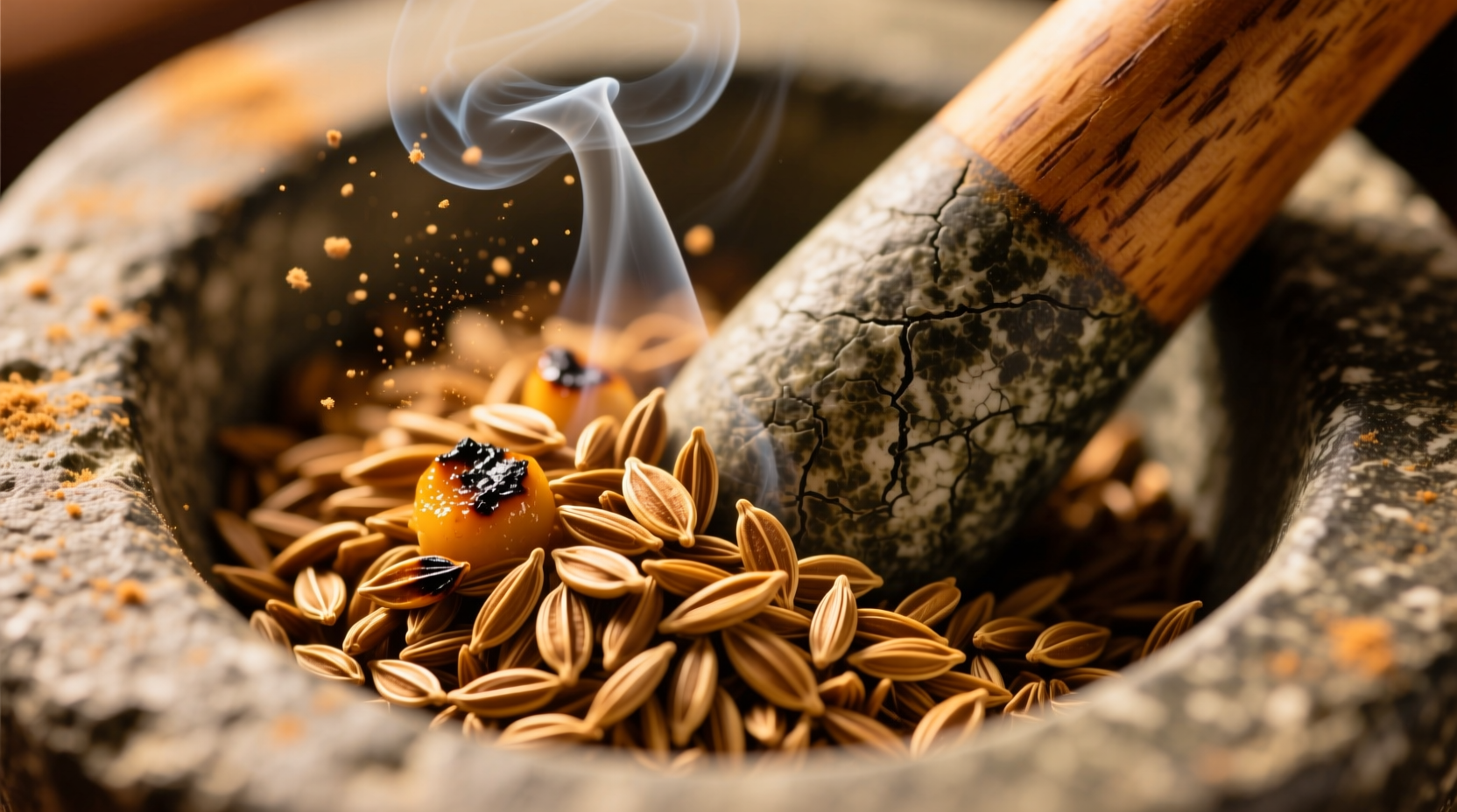 Close-up of toasted cumin seeds in a mortar