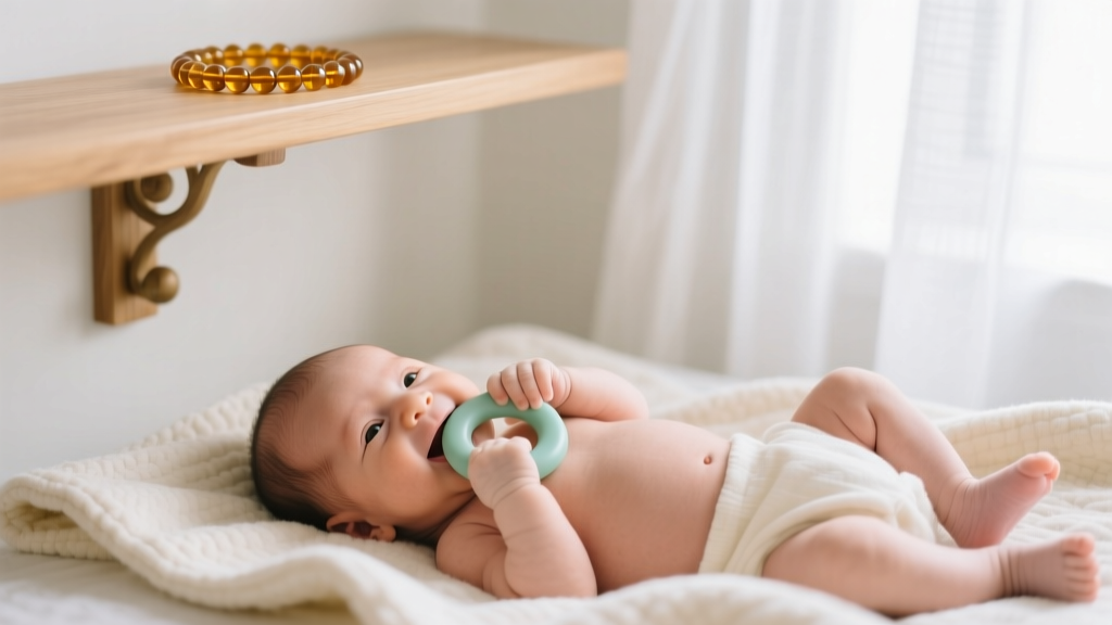 Infant safely chewing on a solid silicone teething ring while a decorative amber bracelet sits safely out of reach on a high shelf