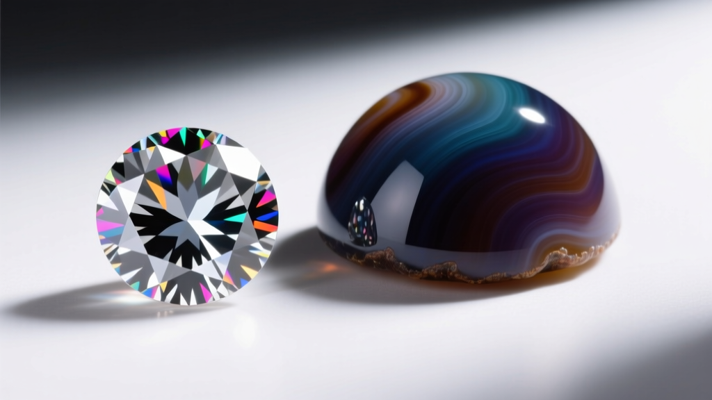 Flat rose-cut sapphire next to an agate cabochon, showing faceted edges versus polished dome under bright studio lighting.