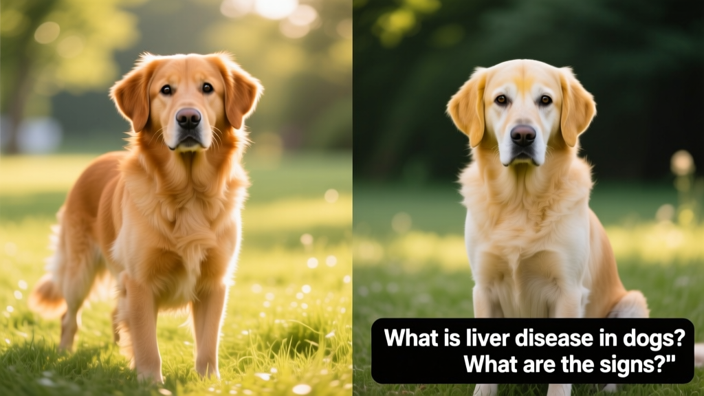 Side-by-side comparison: a healthy dog with bright eyes and alert posture versus a dog showing early jaundice and lethargy