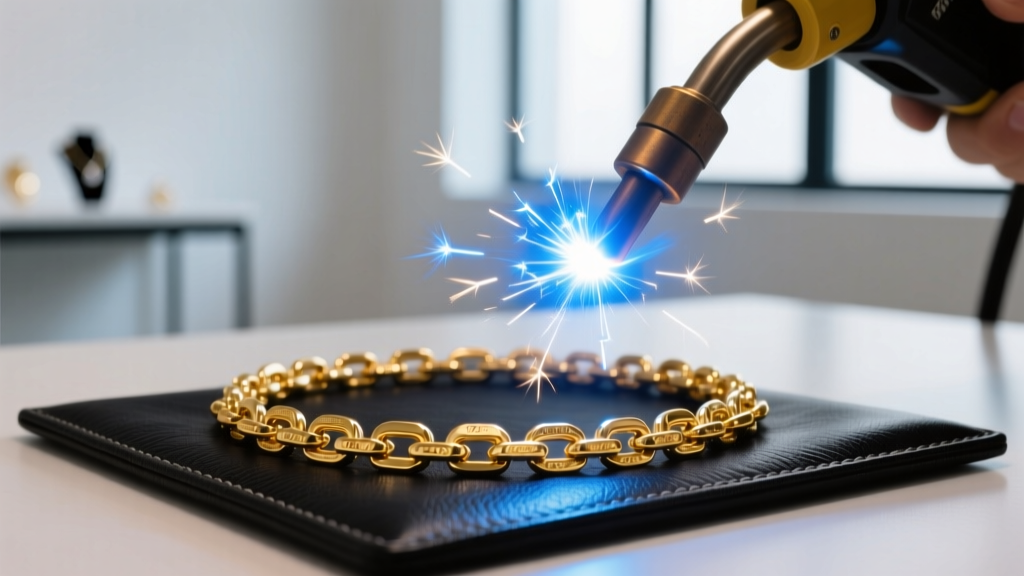 Close-up of a pulse arc welder sparking on a 14k solid gold chain resting on a dark leather pad in a modern jewelry studio.