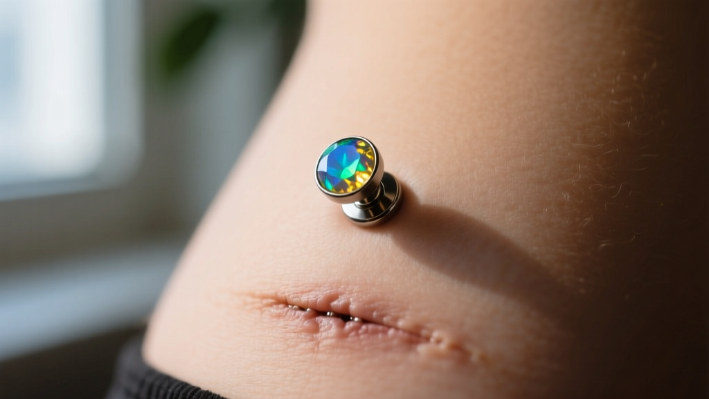 Close-up of a healed hip surface piercing featuring a 14-gauge titanium dermal anchor with a 4mm bezel-set opal top against skin